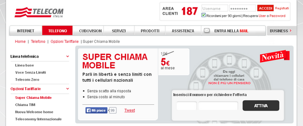 Telecom Italia Super Chiama Mobile Lopzione Per Chiamare I